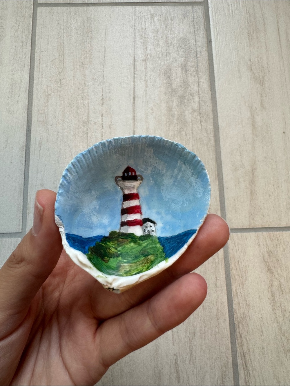 Hand-Painted Blue Shell Lighthouse Art - Nautical Home Accent
